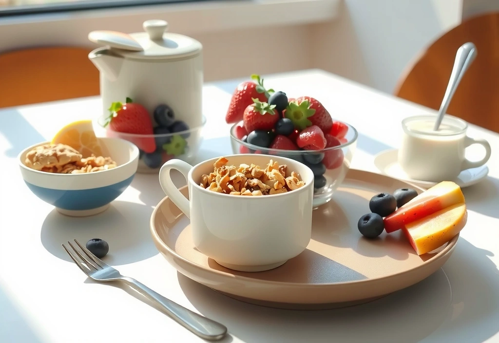 Ein bunt gedeckter Frühstückstisch mit Obst, Müsli und Joghurt.