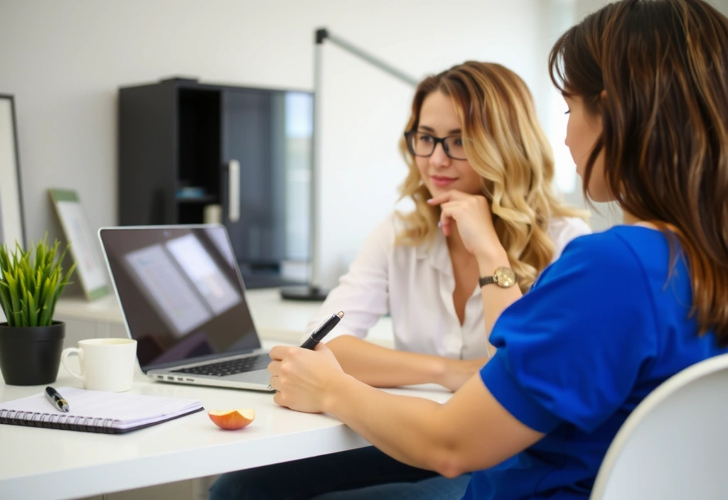 Frau führt eine Online-Videokonferenz über ihren Laptop, mit Notizen und einem gesunden Snack daneben