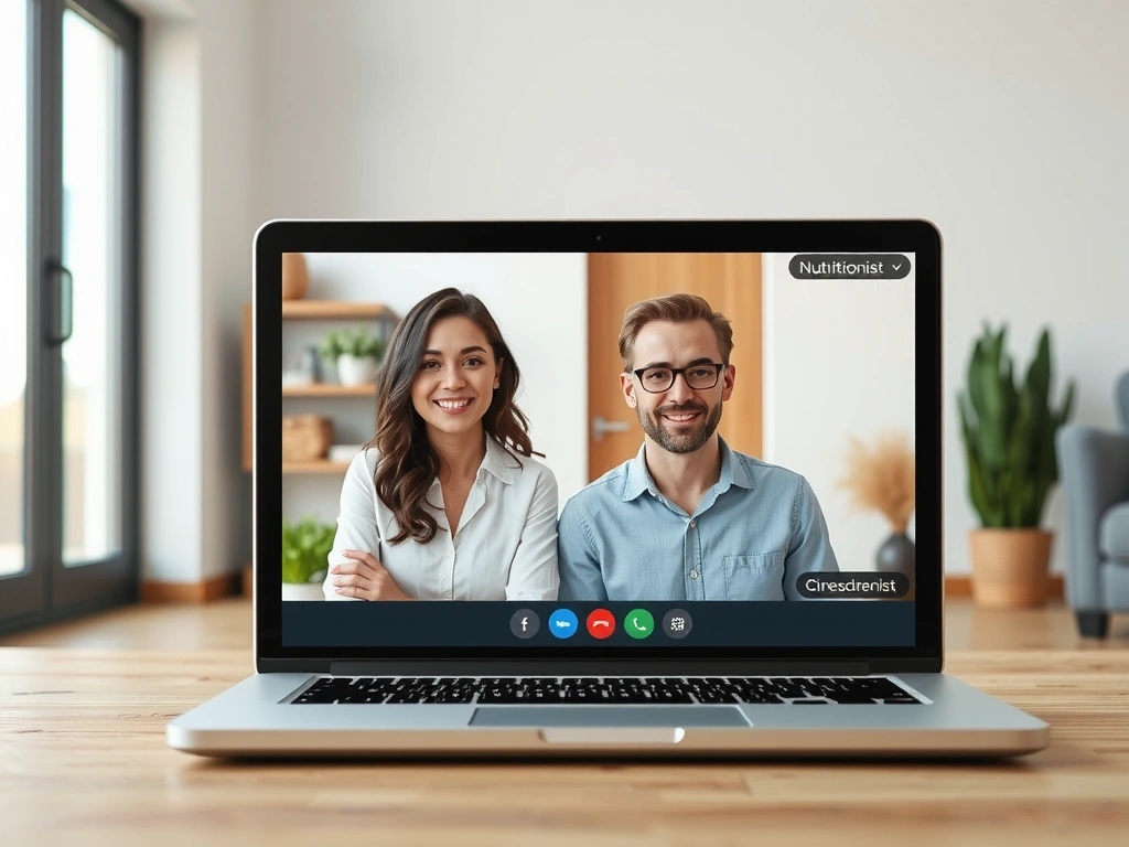 Laptop zeigt eine Online-Beratungssitzung mit einer Ernährungsberaterin und einem Klienten.